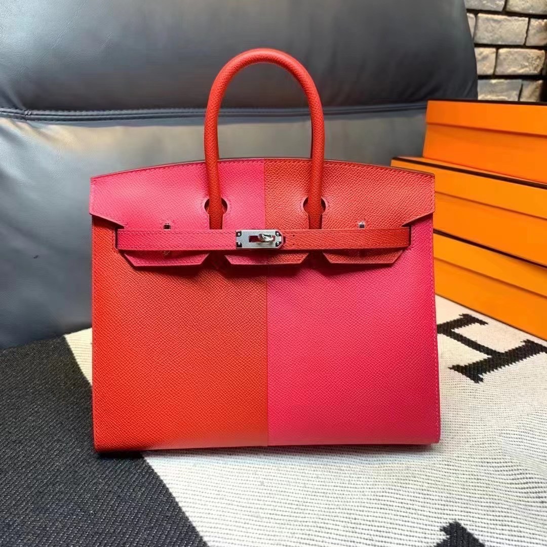 Birkin25 outside sewing new triple color Epsom leather extreme pink i6 + heart red S3 + Frida blue b3 hand sewn