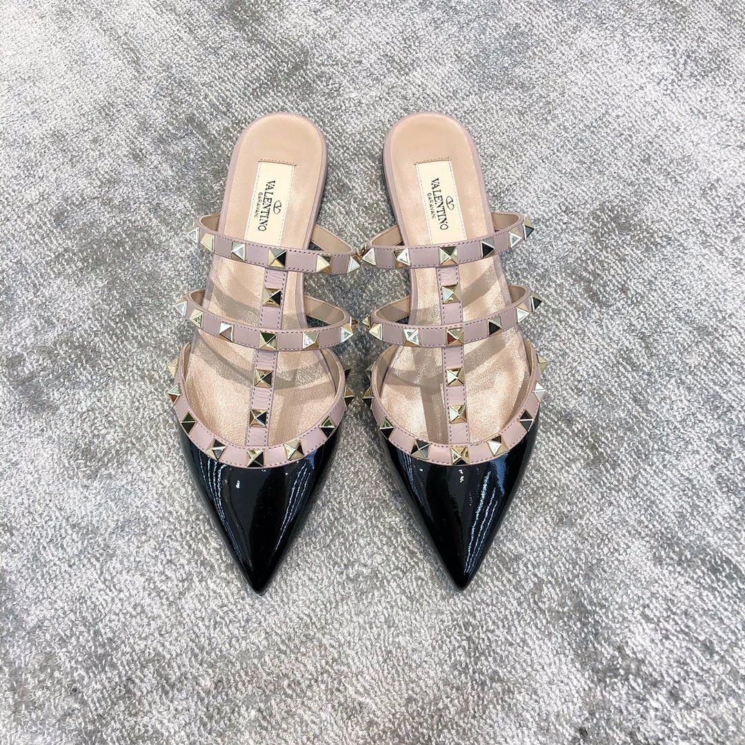 Valentino VT Collection Three Strap Flat Heel Slipper Patent Leather Black