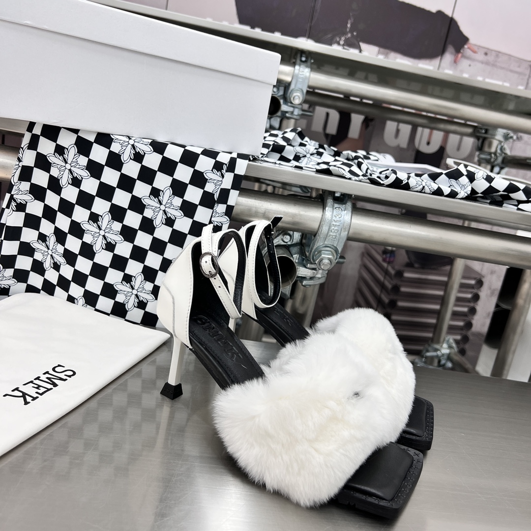 𝐒𝐌𝐅𝐊 ｜𝟐𝟎𝟐𝟐/𝐒𝐒 𝐧𝐞𝐰 SMFK 2022 Cross Flower First One Strap Thin Heel Cross Otter Rabbit Fur Sandals