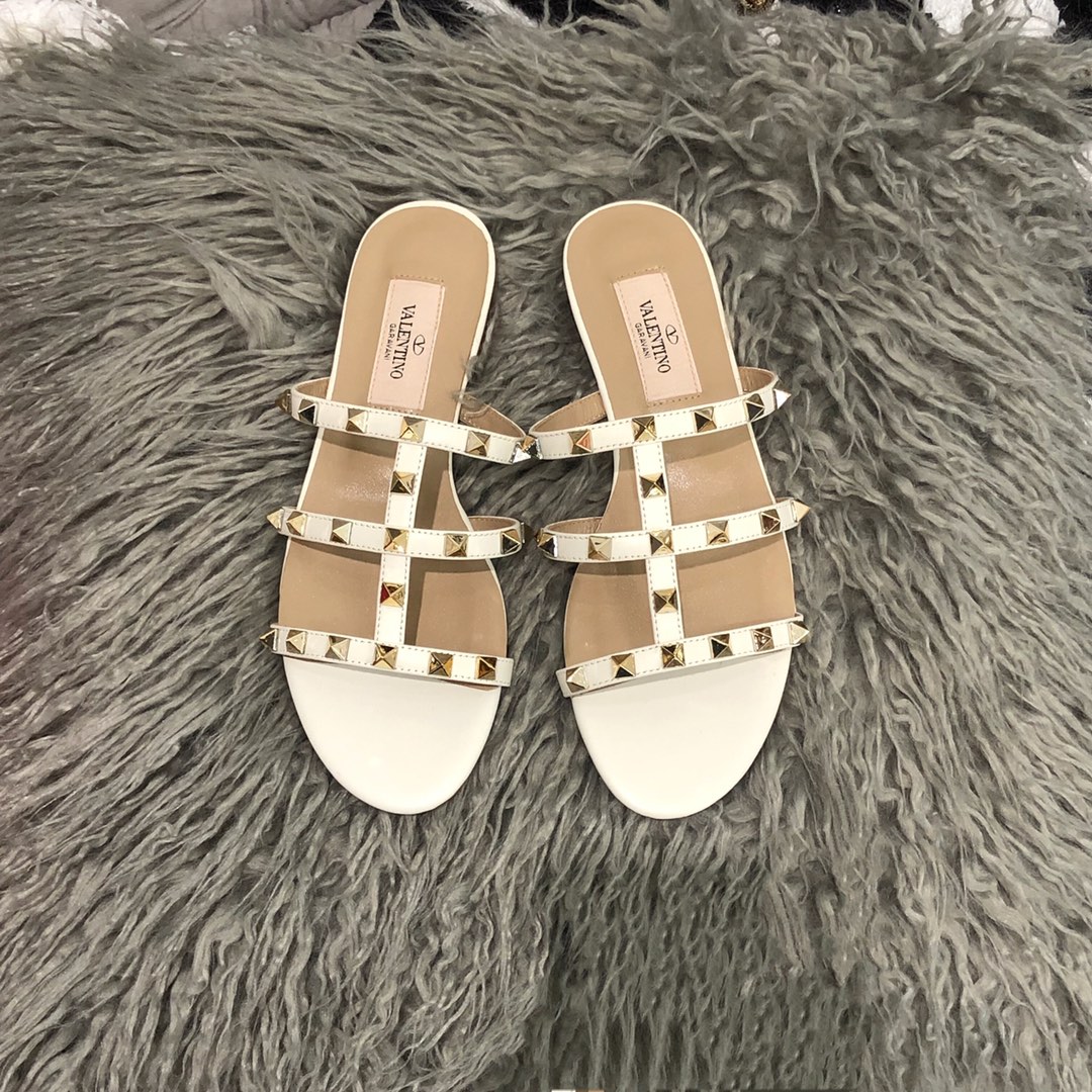 【Valentino】Valentino top version matte white 3 strap flat slippers