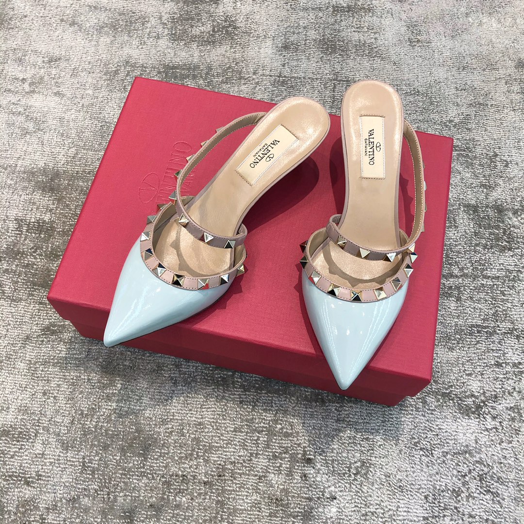 Valentino VT Collection One strap slant heel slipper 6.5CM Patent leather blue