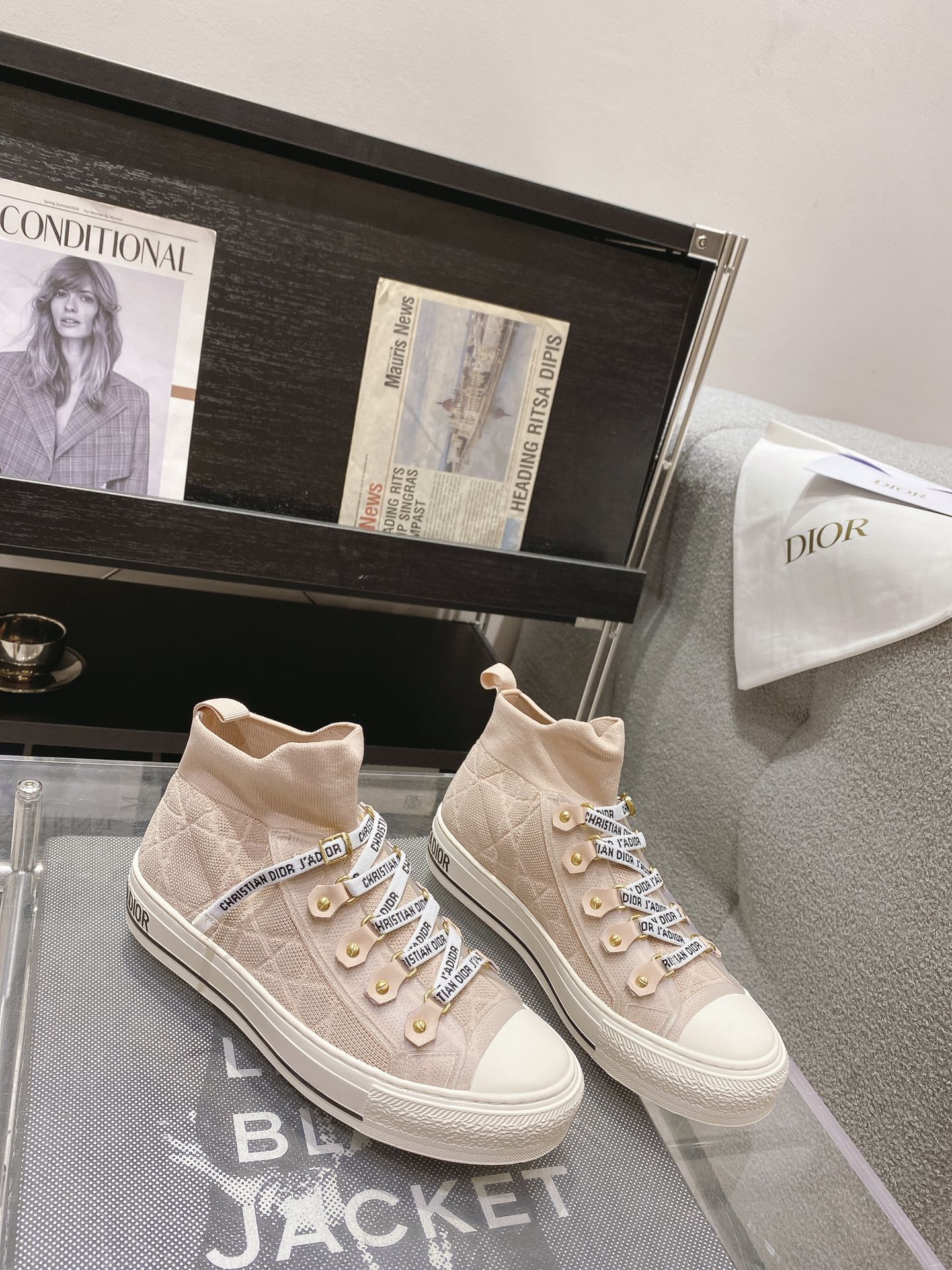 DIOR rattan check casual high top shoes fashion board shoes women nude