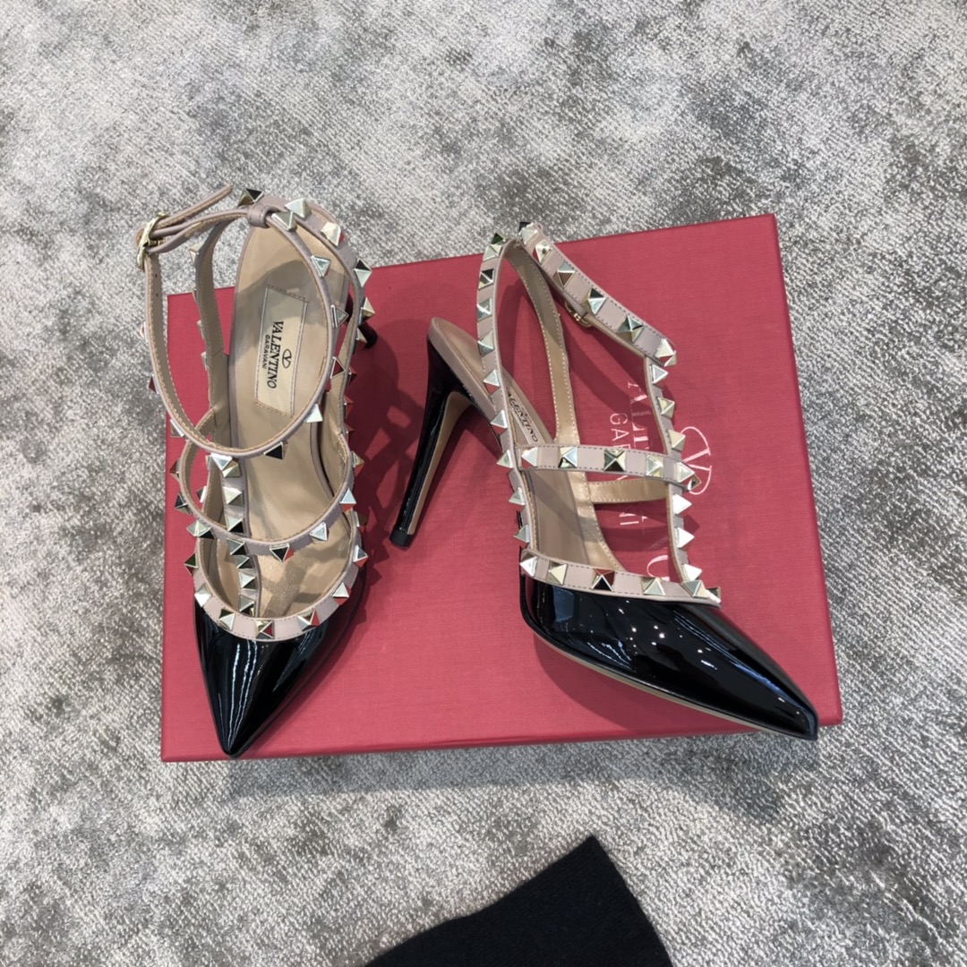 Valentino VT Collection Two Strap Mid Heel 10cm Patent Leather Black