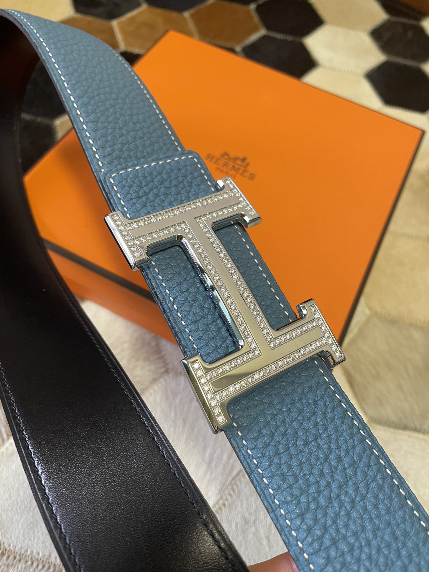 Hermes stainless steel double row diamond hanging buckle