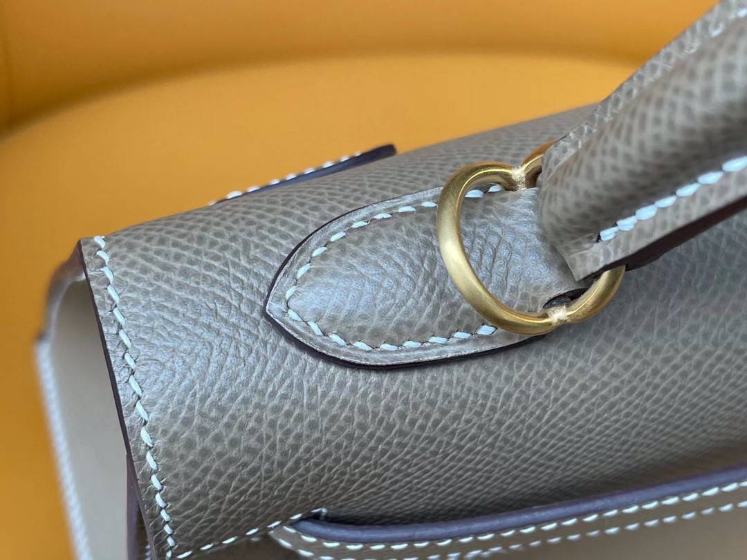Kelly25 Elephant gray epsom leather with amber yellow inside and frosted gold buckle