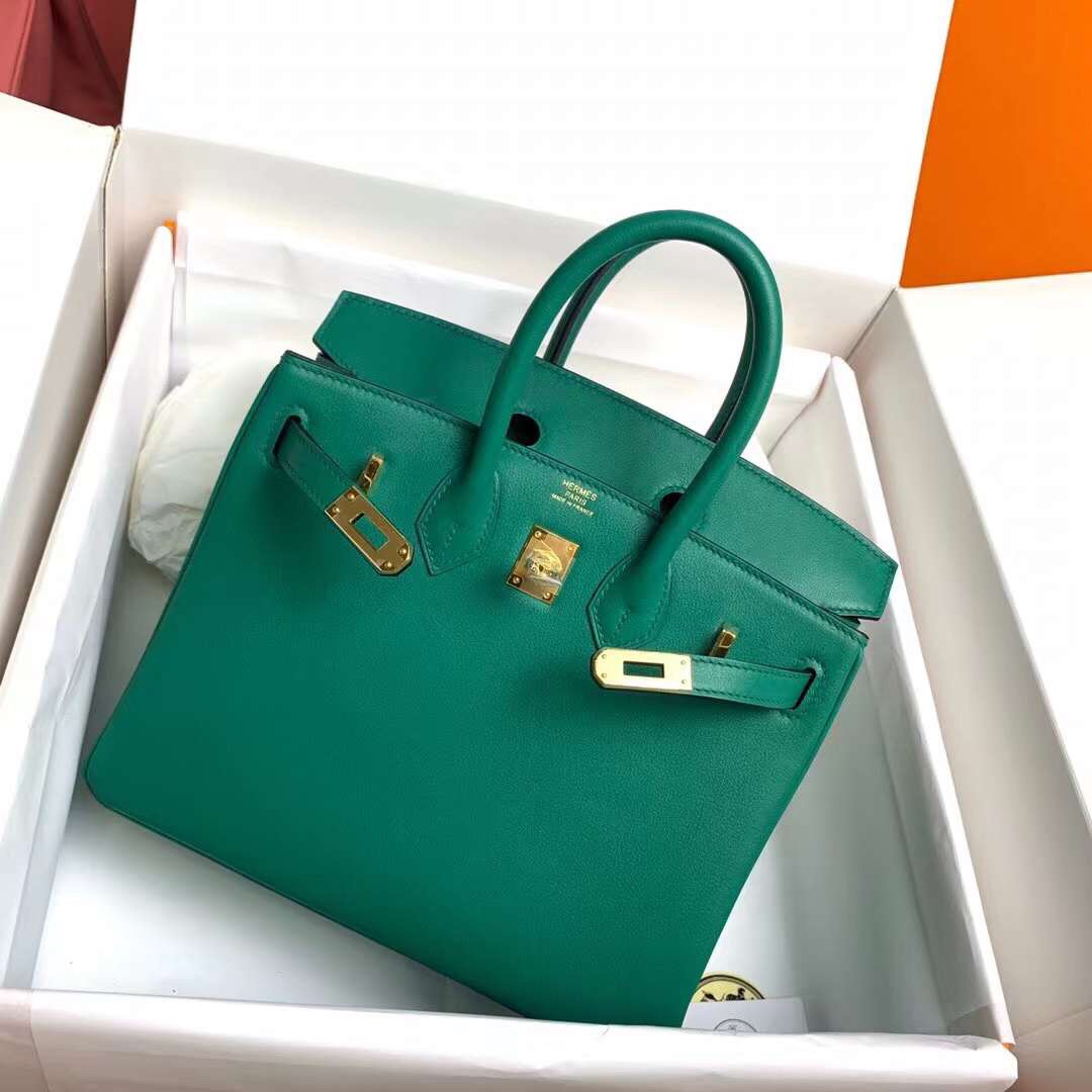 Birkin 25cm u4 velvet green gold buckle silver buckle Original swift calfskin top craftsmanship beeswax thread handmade
