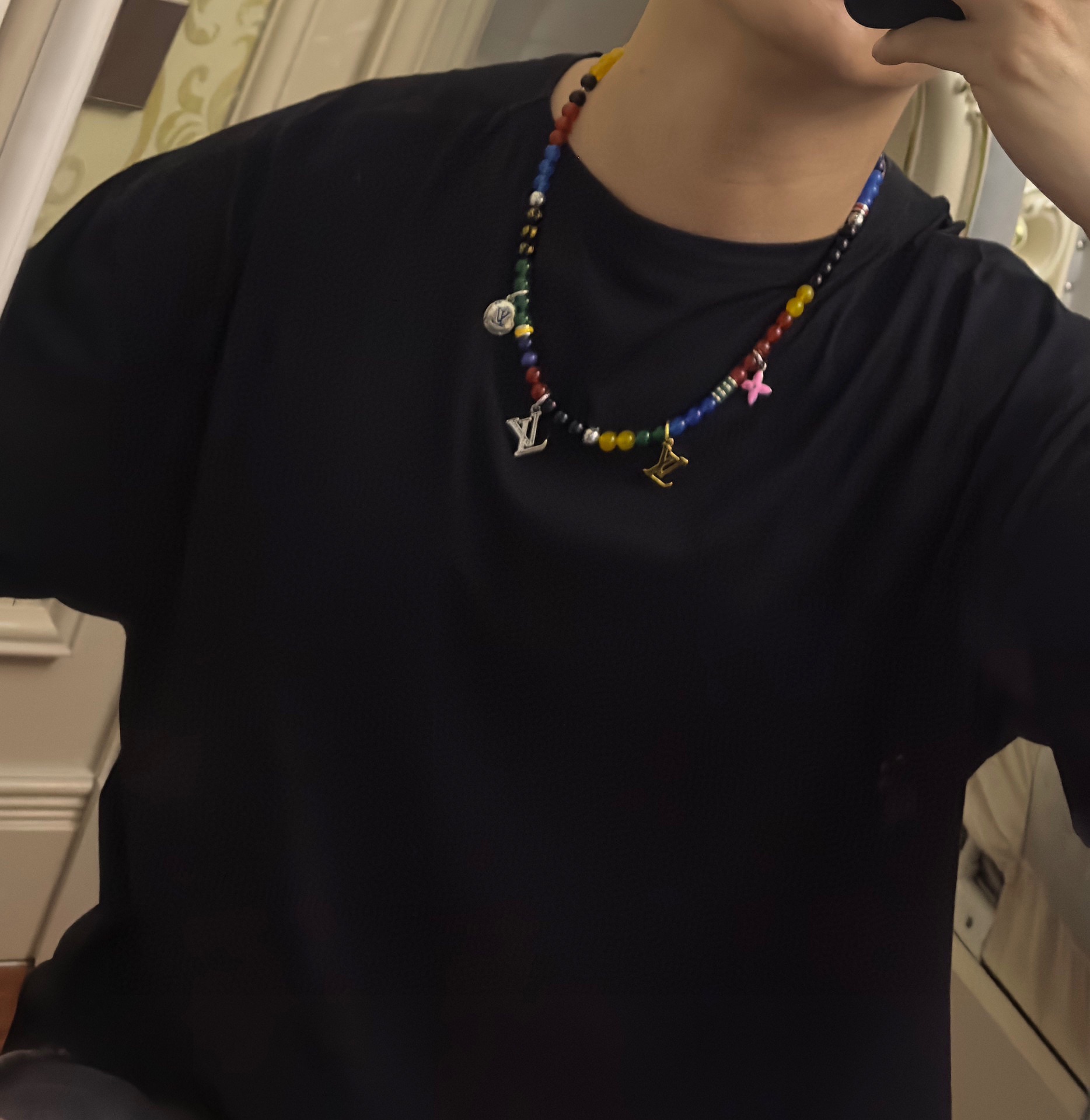 Louis Vuitton multi-element onyx thai silver style necklace couple's matching rock punk thai silver style