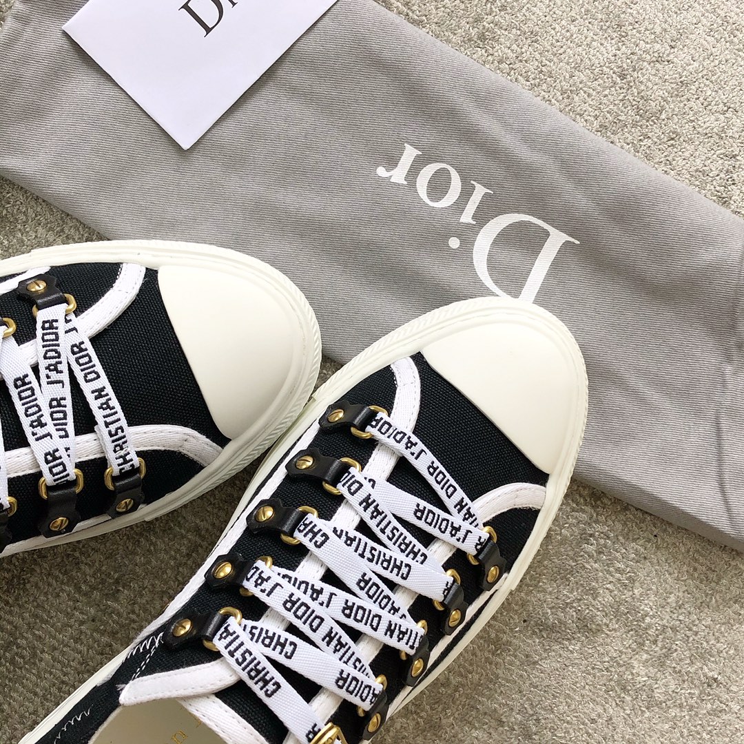 DIOR Black Canvas Shoes Stamped Heel Two Wear Letter Lace Up Sheepskin Padded Toe