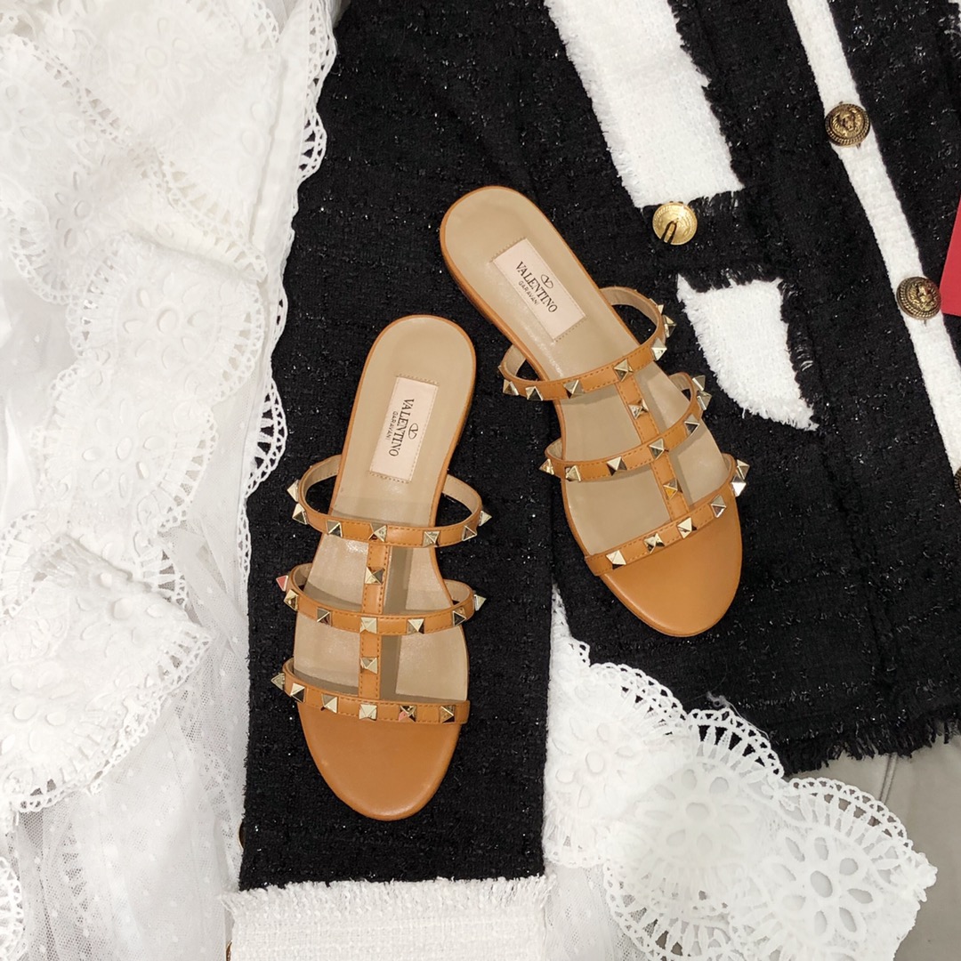 【Valentino】Valentino top version matte orange 3 strap flat slippers