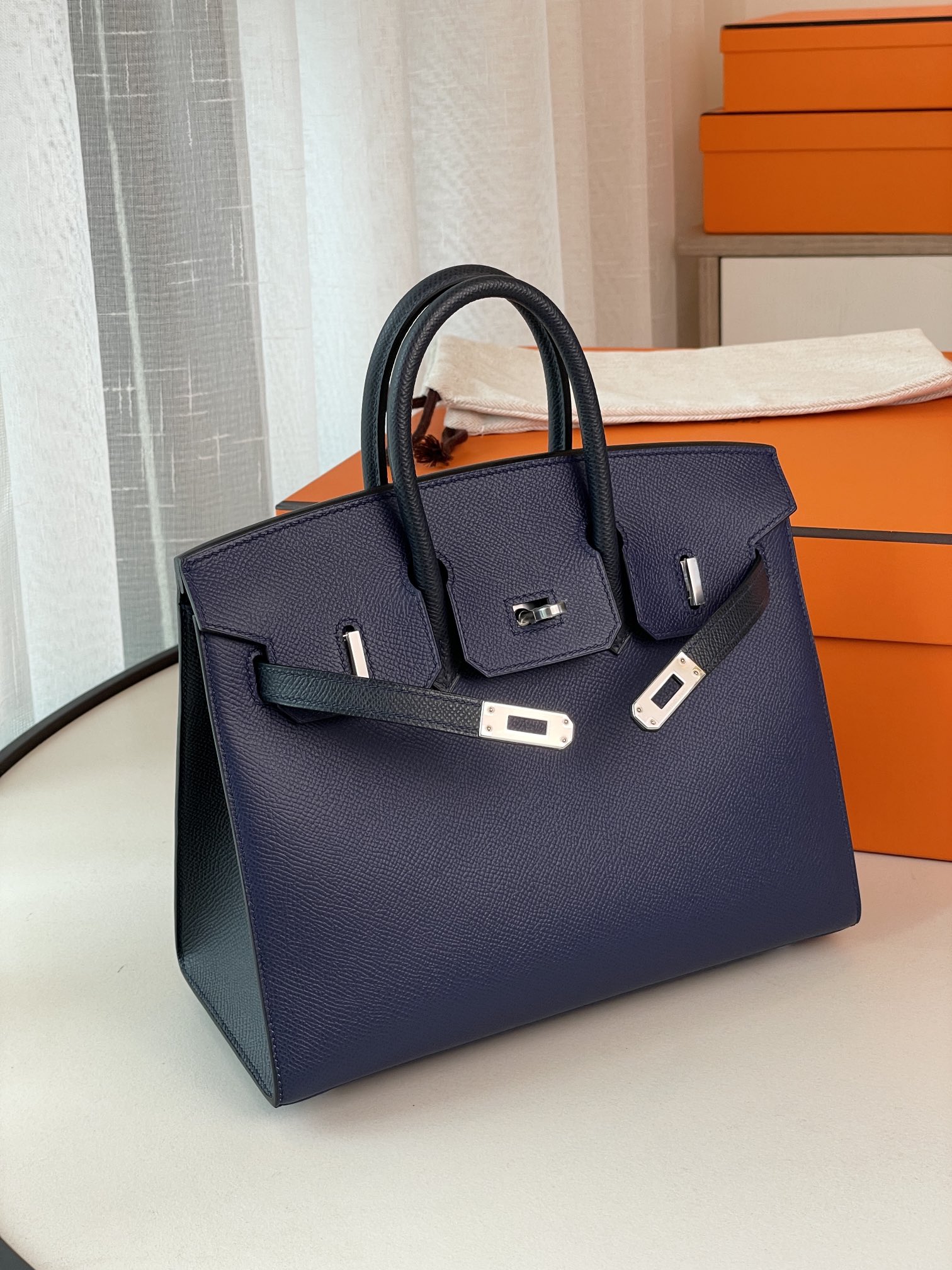 Birkin25 outer seam gemstone blue with midnight blue epsom leather horseshoe engraving