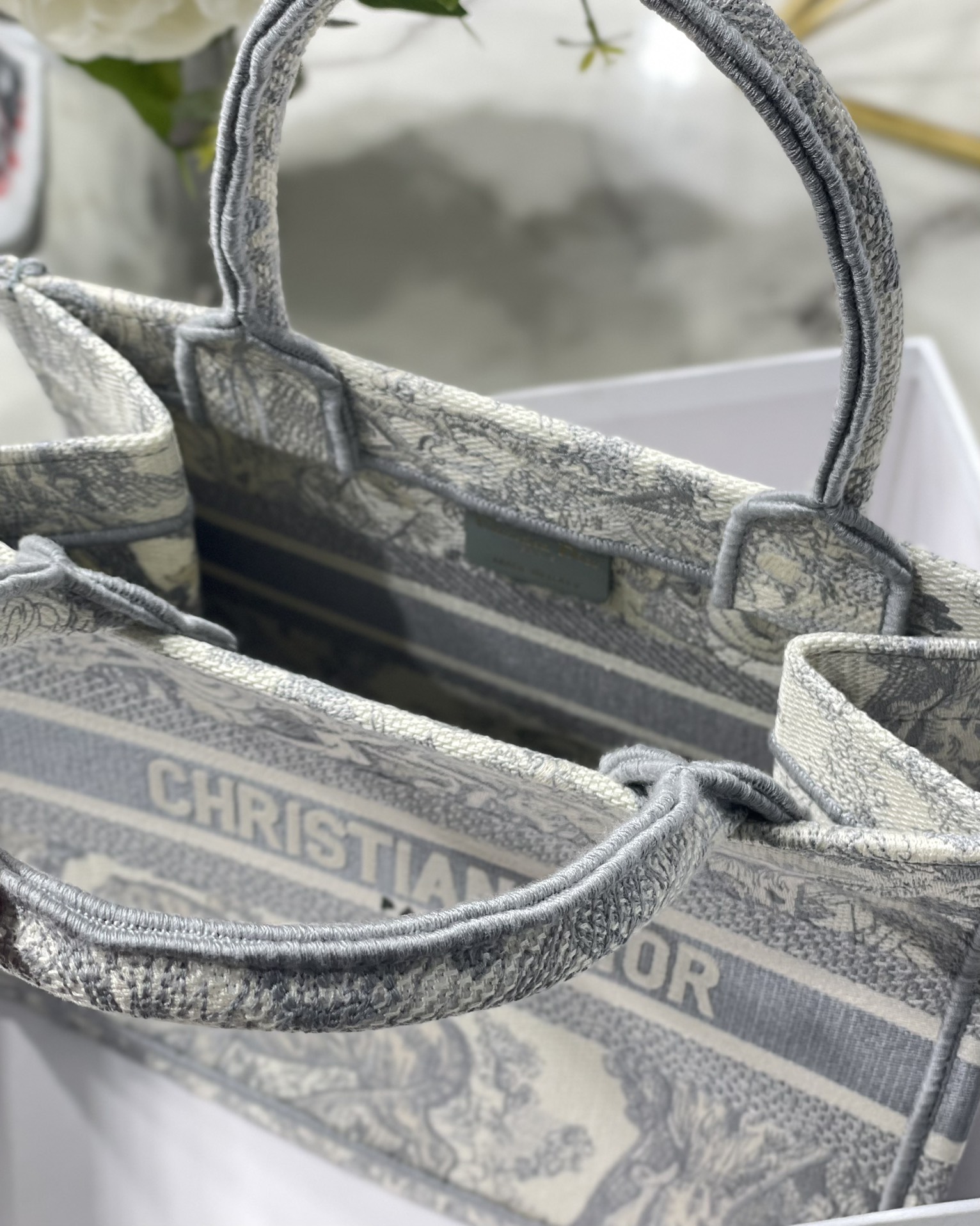 DIOR TOTE Grey tiger embroidery