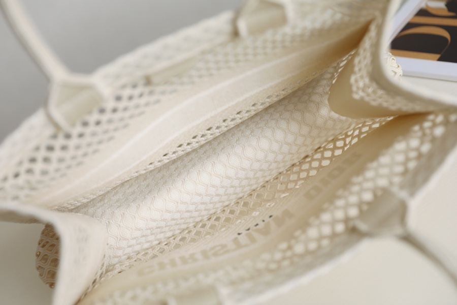 DIOR TOTE beige and white mesh fabric embroidery