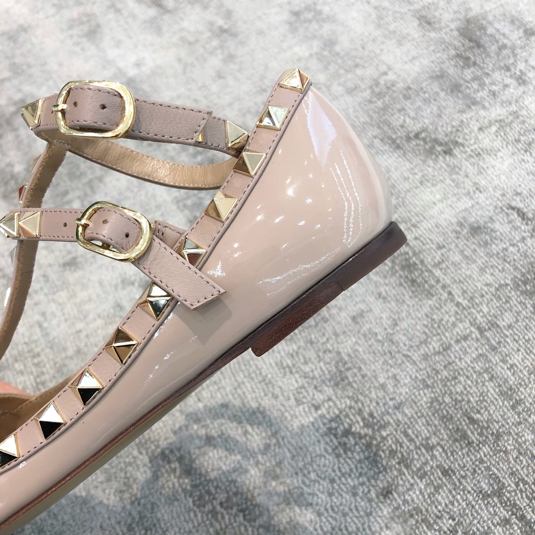 Valentino VT Two Strap Flats Patent Leather Nude Pink