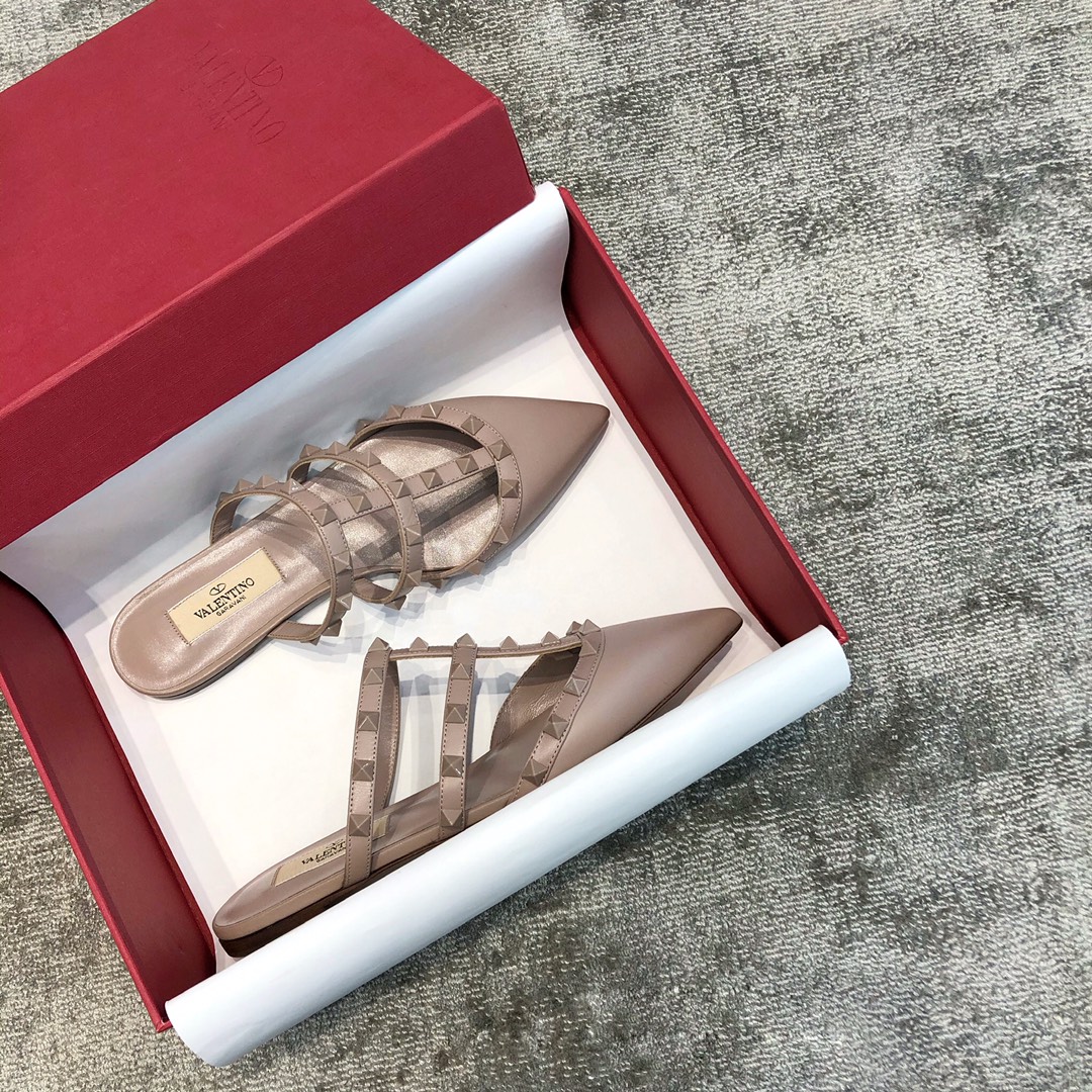 Valentino VT Three Strap Flat Heel Slipper Nude Pink