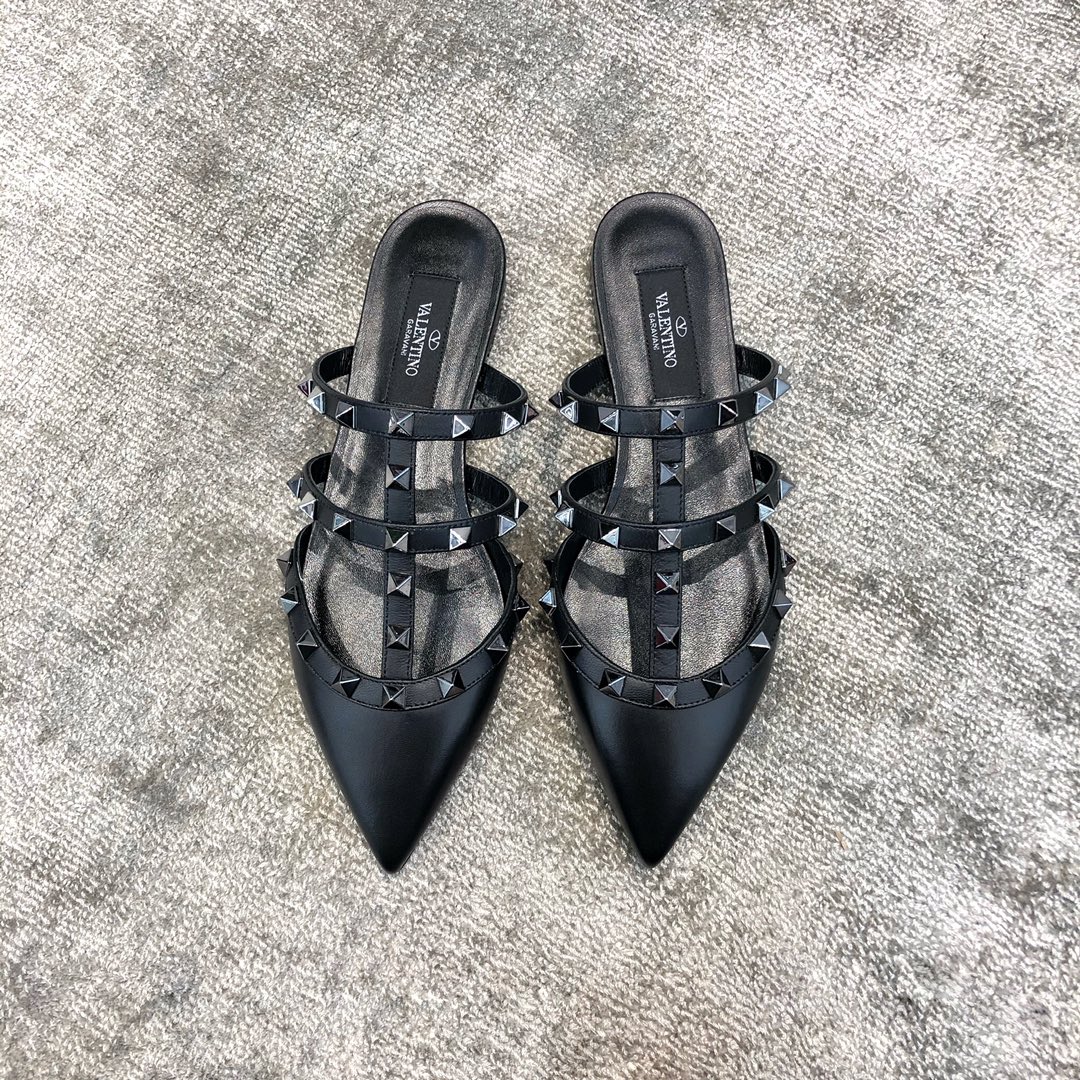 Valentino VT Collection Three Strap Flat Heel Slipper All Black