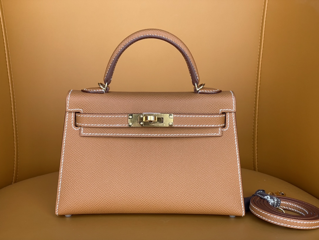 Mini Kelly 2nd generation gold brown gold buckle epsom leather