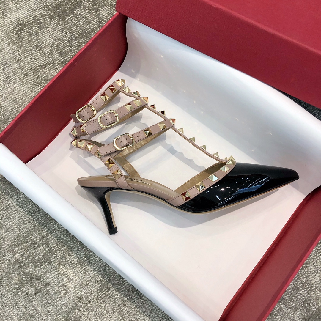 Valentino VT Collection Triple Strap Mid Heel 6.5cm Patent Leather Black