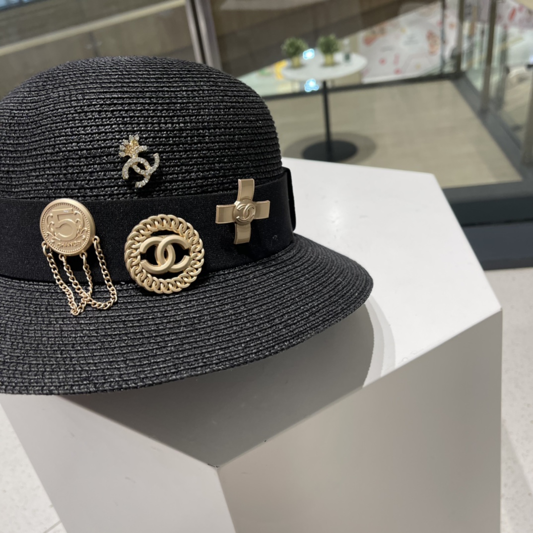 Chanel Straw Hat, Sun Hat, Sunshade Beach Hat, Head Circumference 57cm