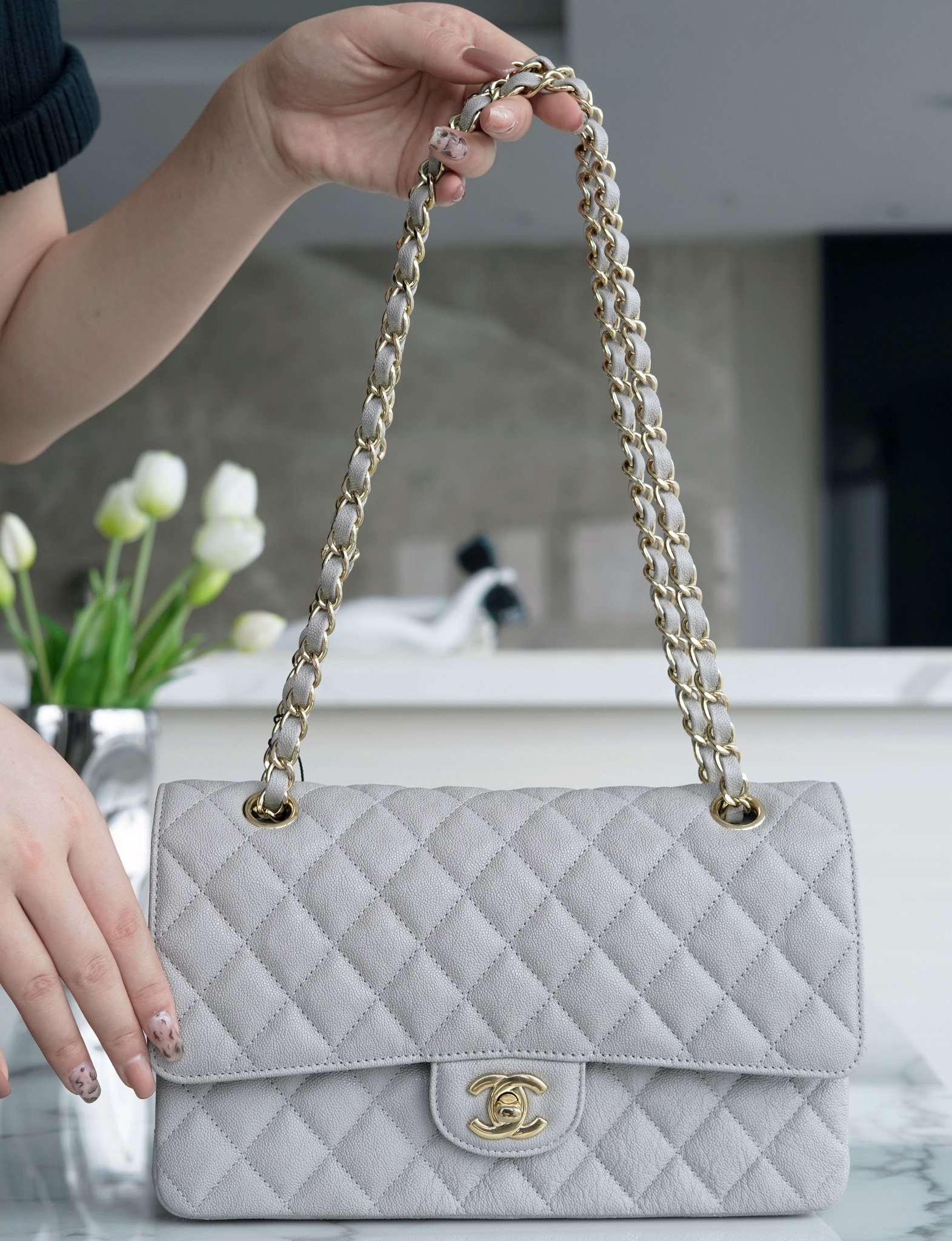 𝐂𝐇𝐀𝐍𝐄𝐋 Classic Flap France 🇫🇷 𝐇𝐇 𝐚𝐚𝐬 Original Caviar 🐂 Washed Tire Ox Medium 🐘 Dark Grey