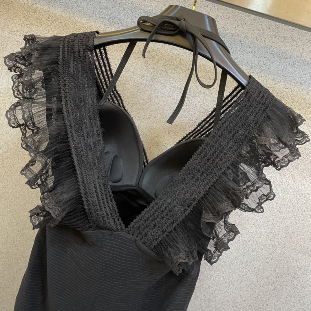 Saint Laurent Pure Black with Wave Lace One-piece Swimsuit