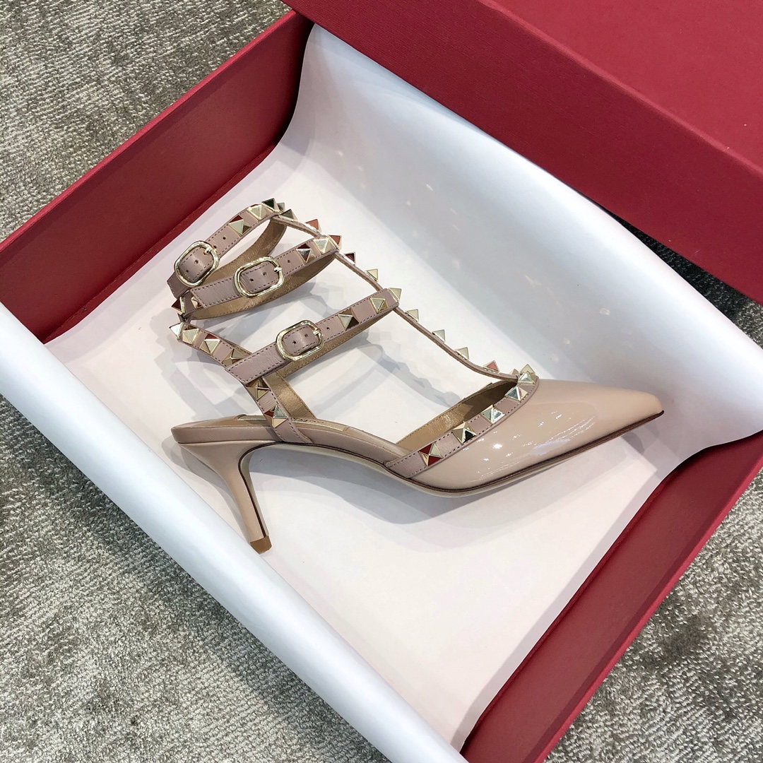 Valentino VT Collection Triple Strap Mid Heel 6.5cm Patent Leather Nude Pink