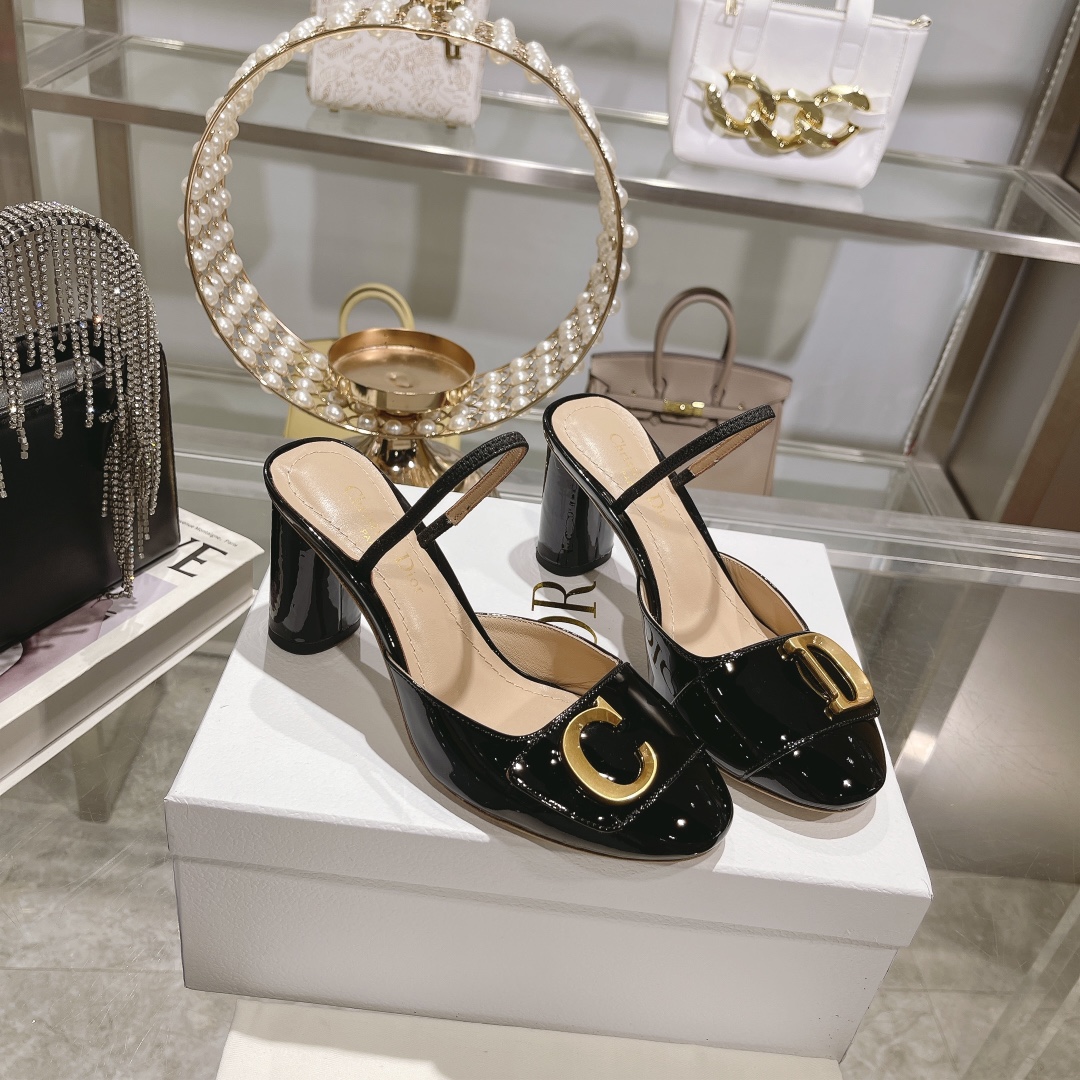 DIOR summer new bag head thick heel sandals high heel model 7.5cm black