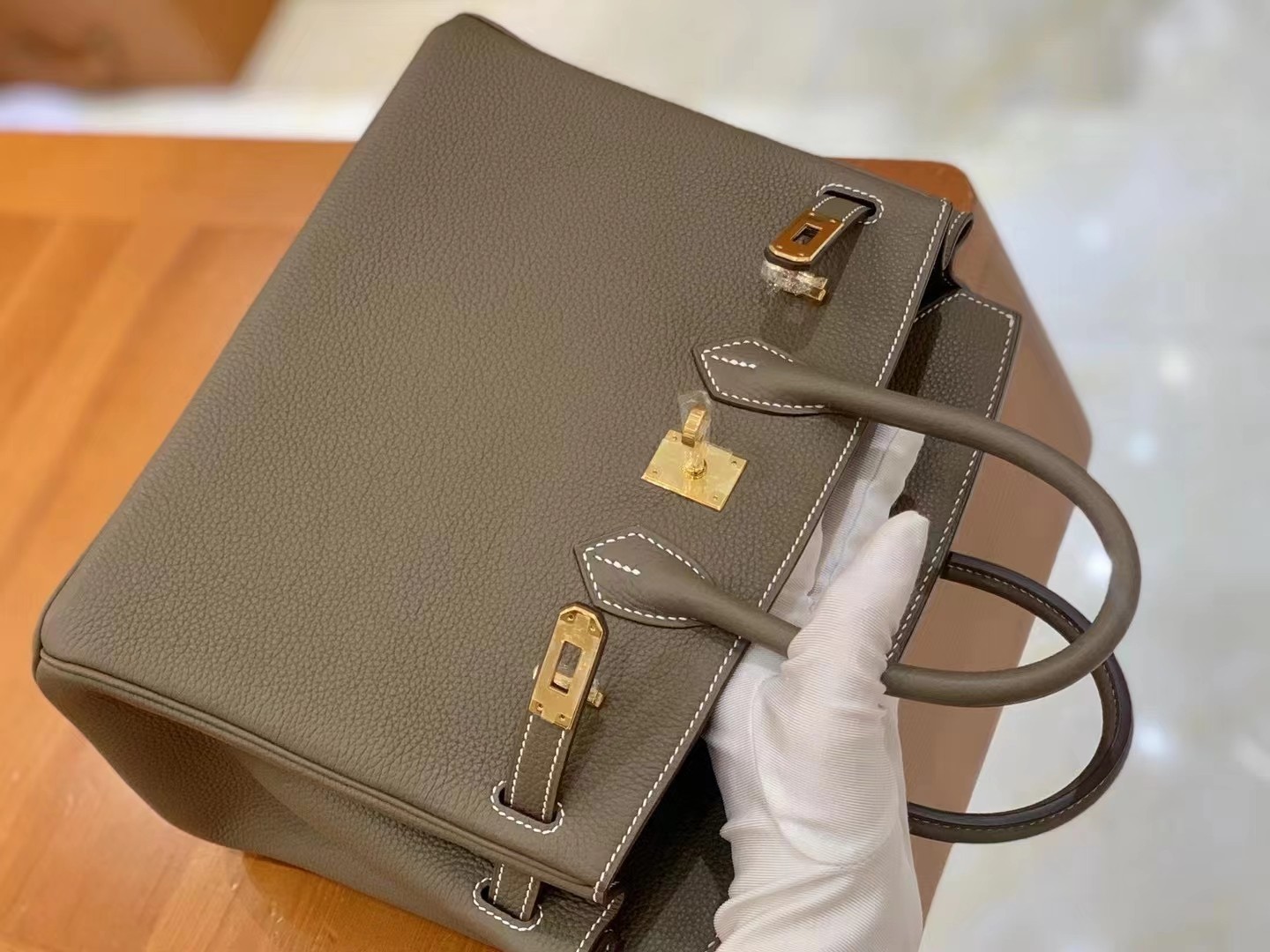 Birkin Elephant Grey Gold Buckle togo leather French original beeswax thread