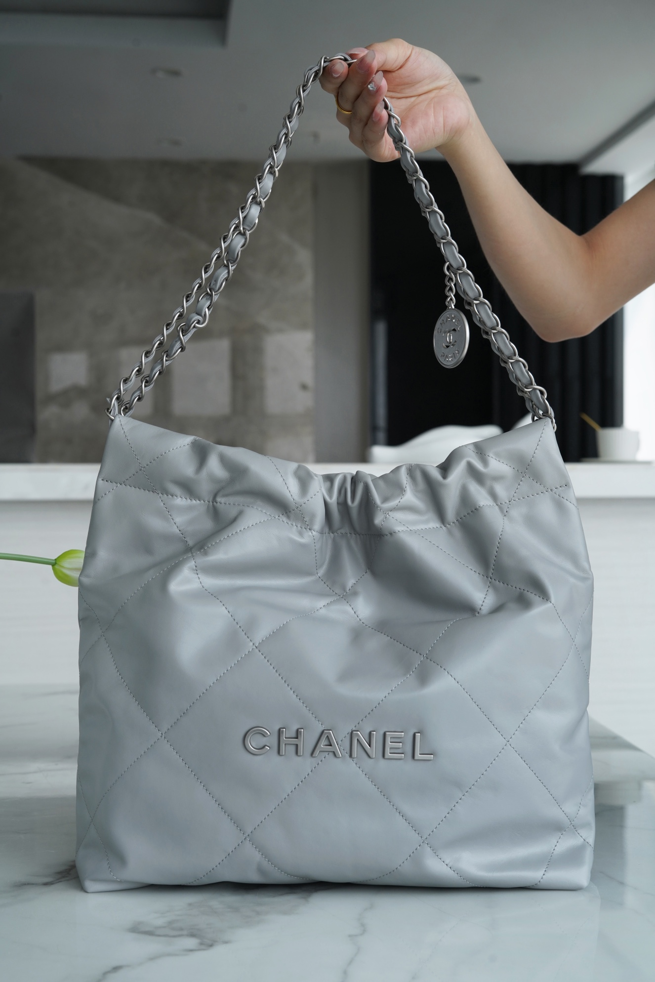 𝗖𝗛𝗔𝗘𝗡𝗟✦𝟐𝟐𝗣Spring/Summer New 𝟐𝟐Handbag Gray Silver Buckle Small 🐘
