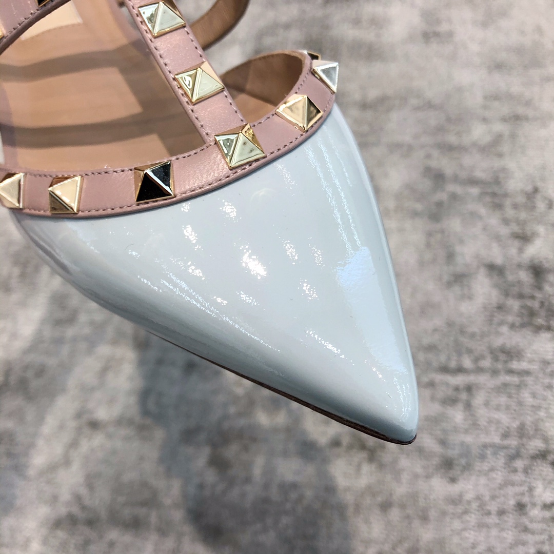 Valentino VT Collection Three Strap Flat Heel Slipper Patent Leather Blue