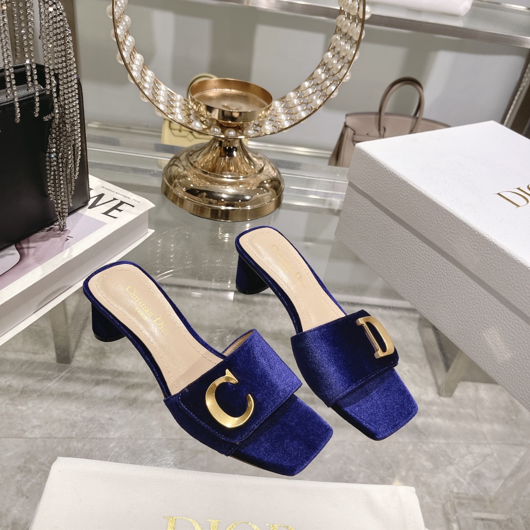 DIOR 2023 New early spring sandals Imported cow patent leather ➕ Korean suede Sheepskin lining 4.5cm blue