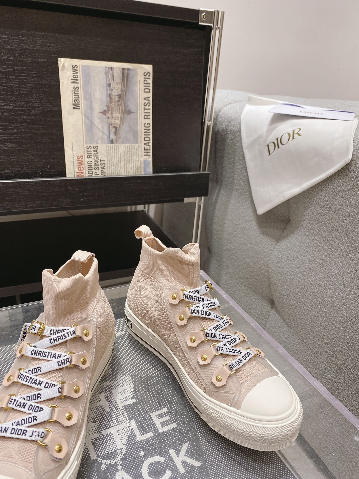 DIOR rattan check casual high top shoes fashion board shoes women nude