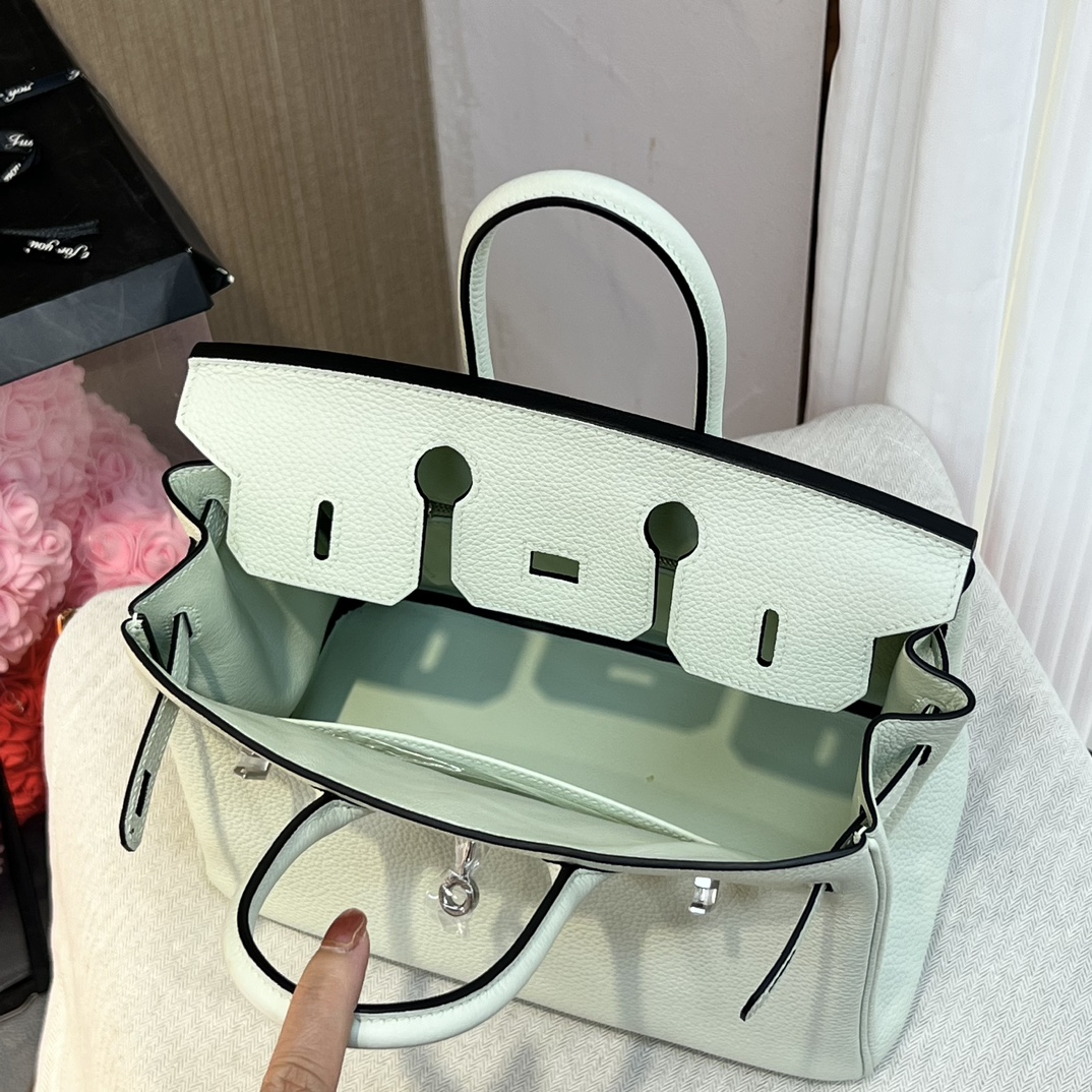 Birkin 25cm original imported Togo calfskin air bubble green silver buckle All handmade beeswax thread stitching