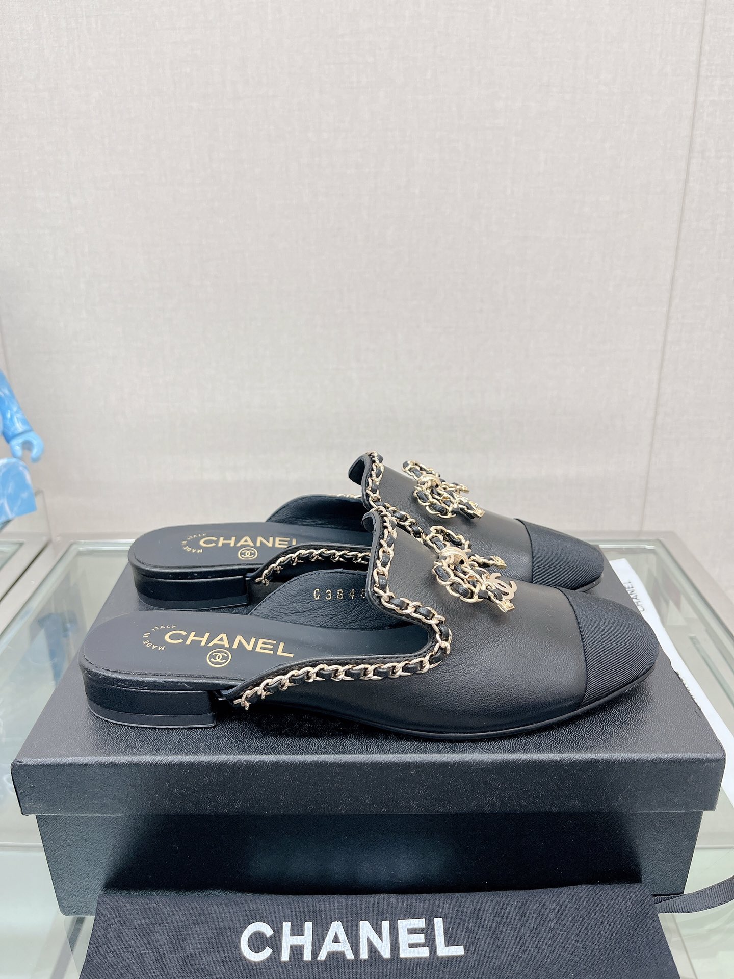 CHANEL 23Ss new chain bow half dragging mule shoes imported lambskin