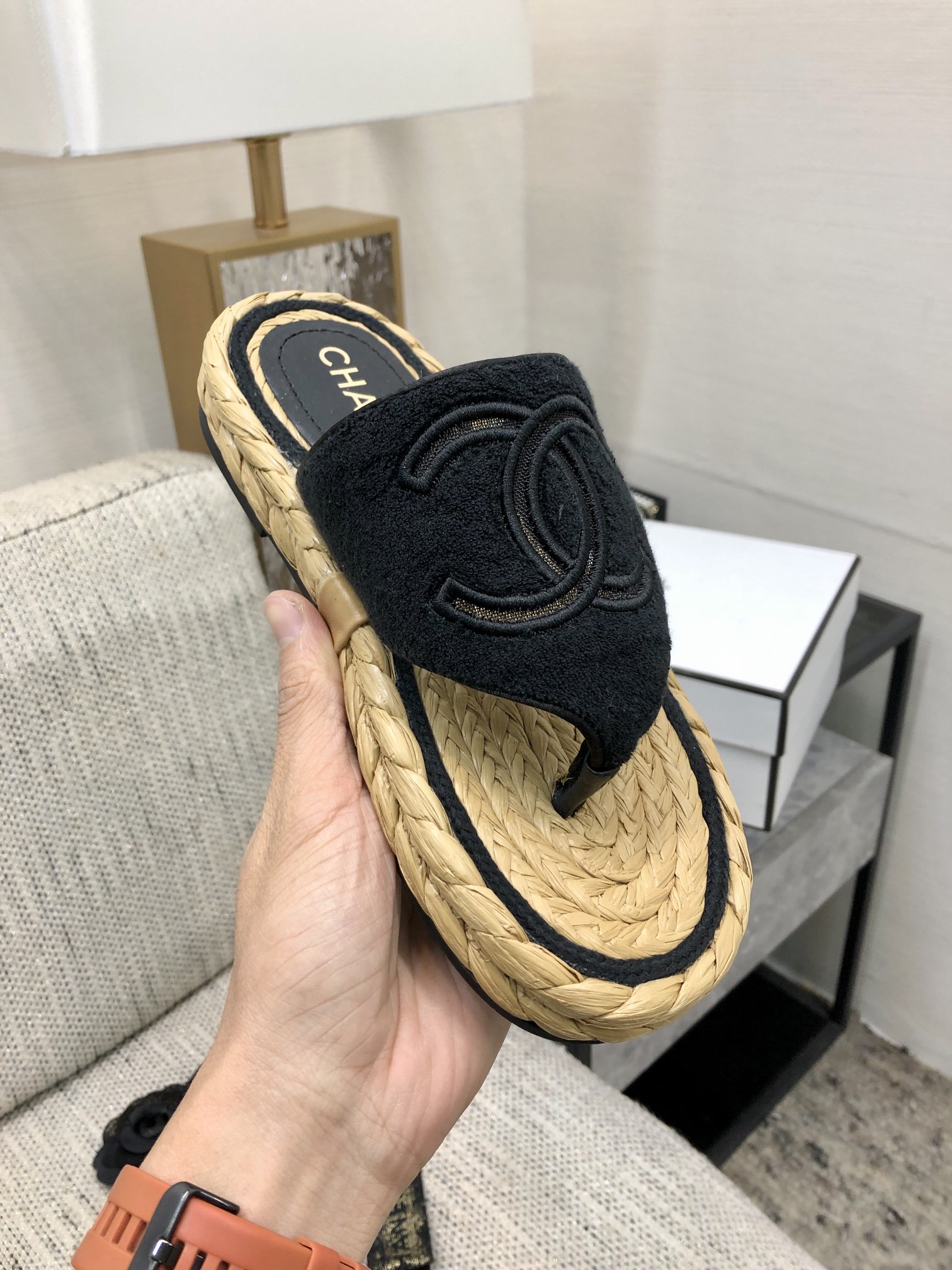 CHANEL 2022 knitted flip-flops fashionable and versatile series Imported custom towel fabric