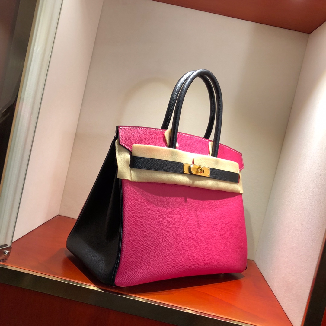 Birkin 30Cm Epsom E5 Rose Tyrien Rose spell 89 Noir black gold buckle top craftsmanship hand stitching waxed thread