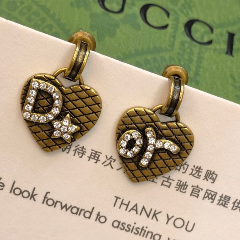 Dior Carved Letter Crystal Diamond Heart Stud Earrings