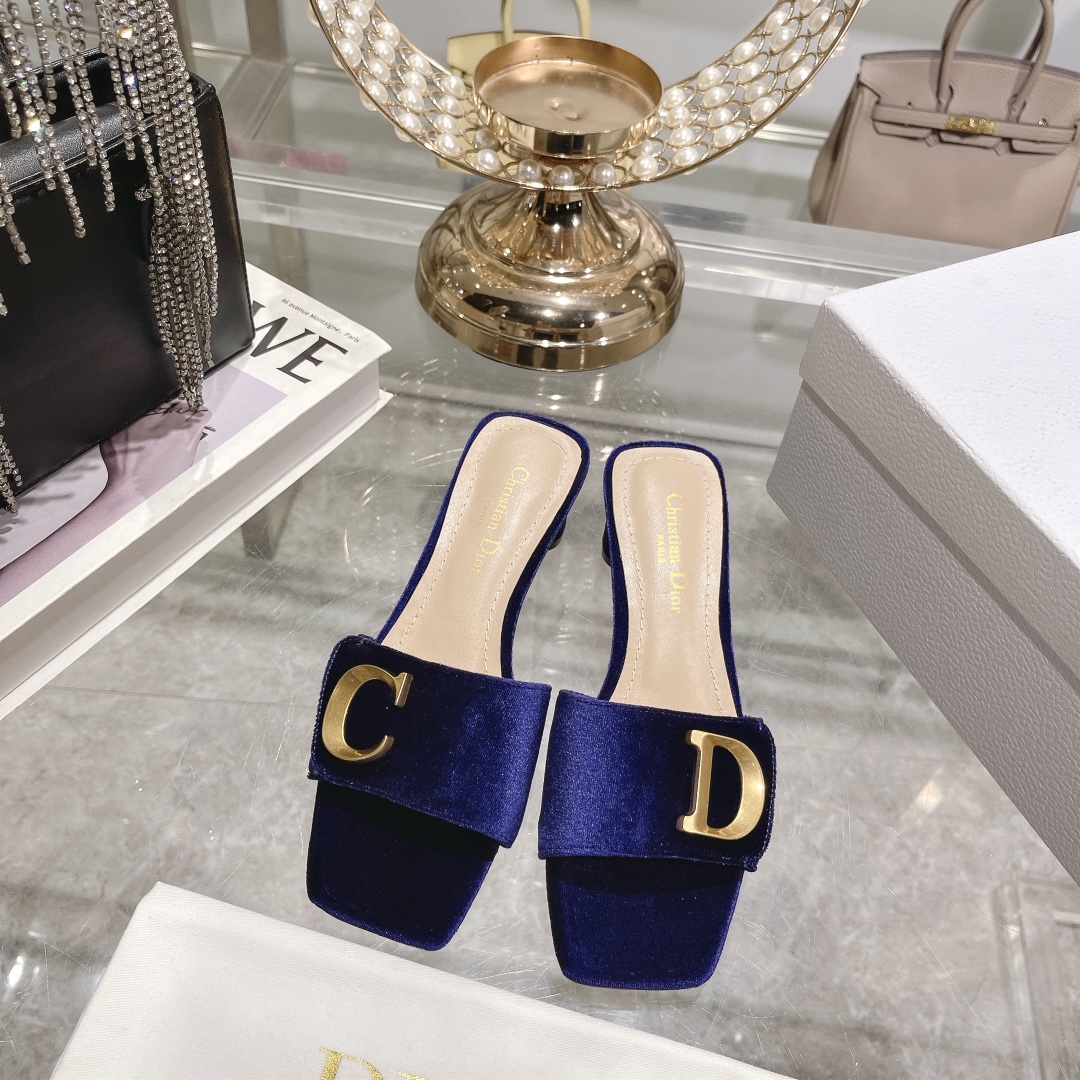 DIOR 2023 New early spring sandals Imported cow patent leather ➕ Korean suede Sheepskin lining 4.5cm blue