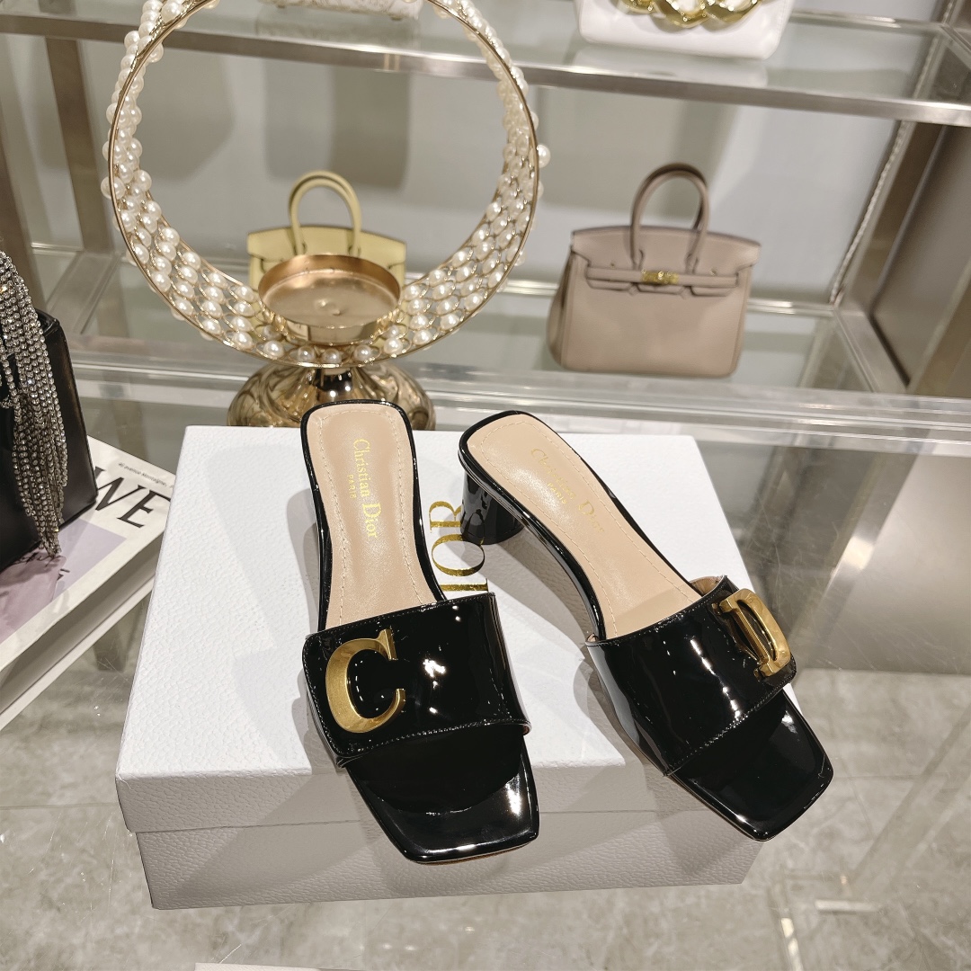 DIOR 2023 New early spring sandals Imported cow patent leather ➕ Korean suede Sheepskin lining 4.5cm Black