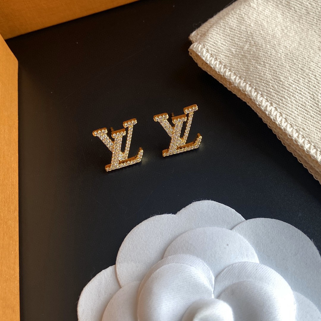 Louis Vuitton LV crystal diamond monogram stud earrings in S925 sterling silver pin