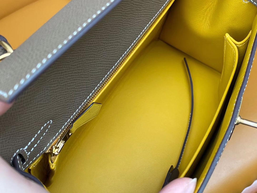 Kelly25 Elephant gray epsom leather with amber yellow inside and frosted gold buckle