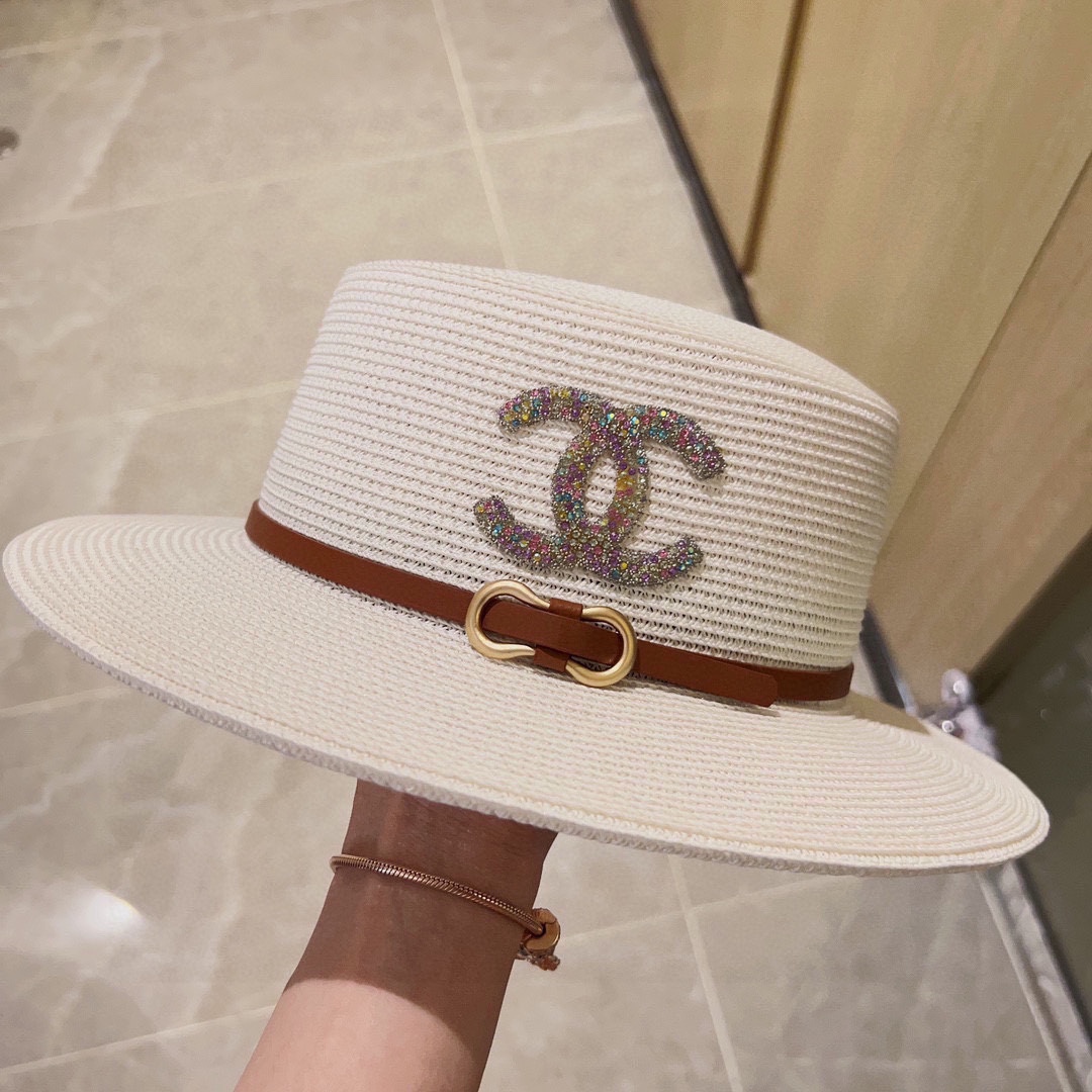 CHANEL big belt braided straw hat