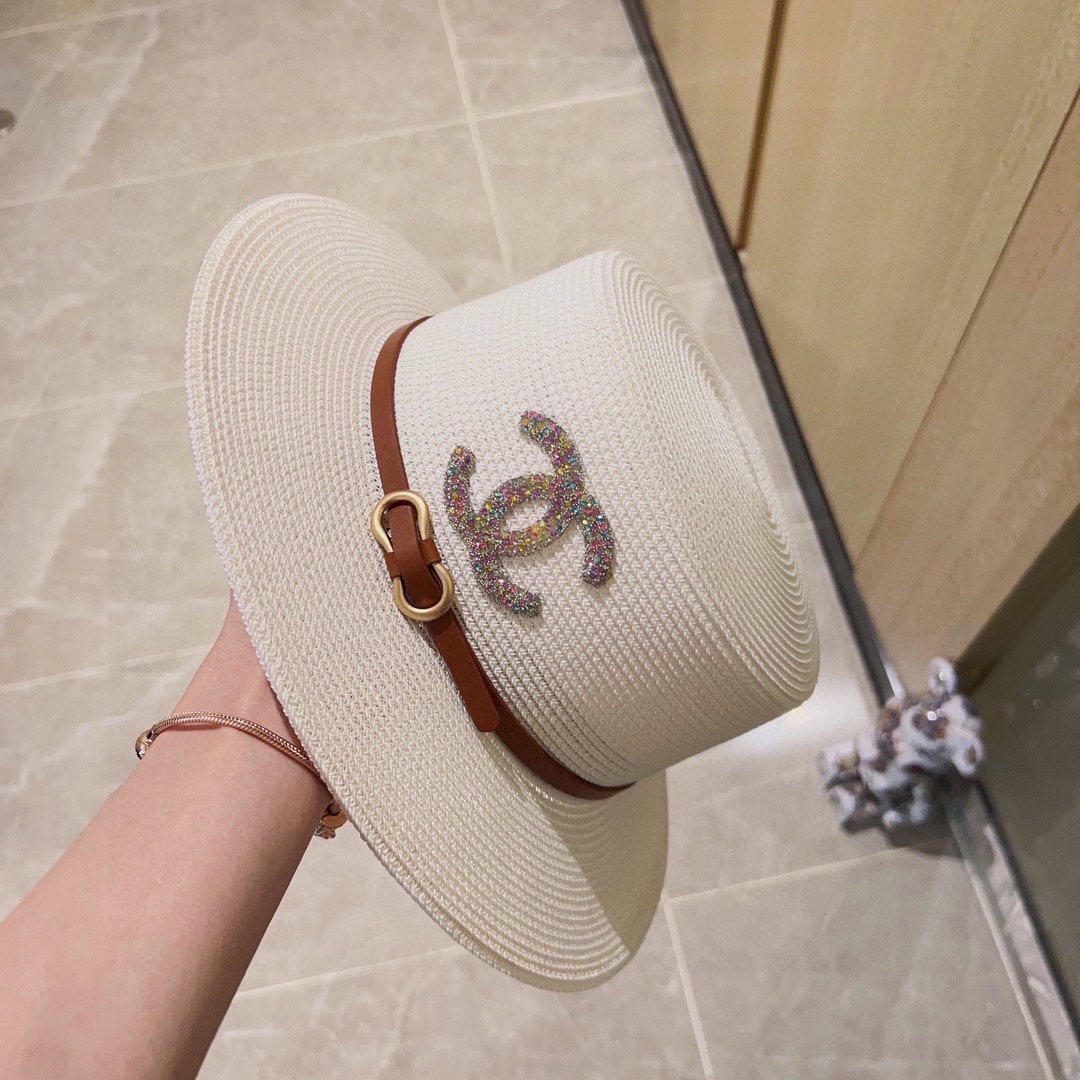 CHANEL big belt braided straw hat
