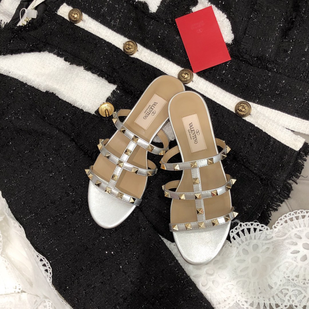 【Valentino】Valentino Top Edition Metallic Silver 3 Strap Flat Slippers