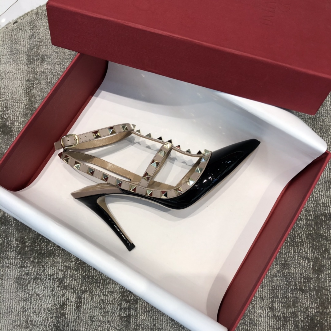 Valentino VT Collection Two Strap Mid Heel 10cm Patent Leather Black