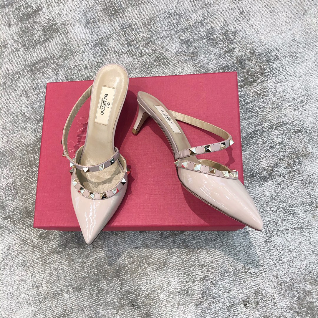Valentino VT Collection One strap slant heel slipper 6.5CM Patent leather nude pink