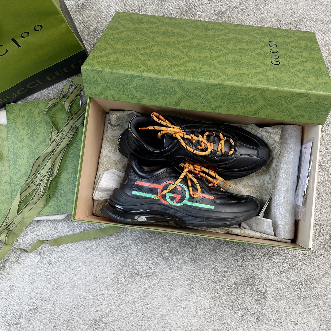 Full leather version of the Gucci RUN collection Cowhide Sheepskin running shoes Black