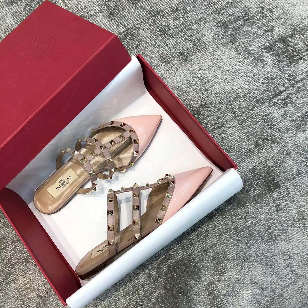 Valentino VT Collection Three Strap Flat Heel Slipper Patent Leather Pink