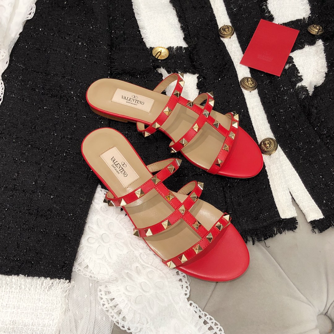 【Valentino】Valentino top version matte red 3 strap flat slippers