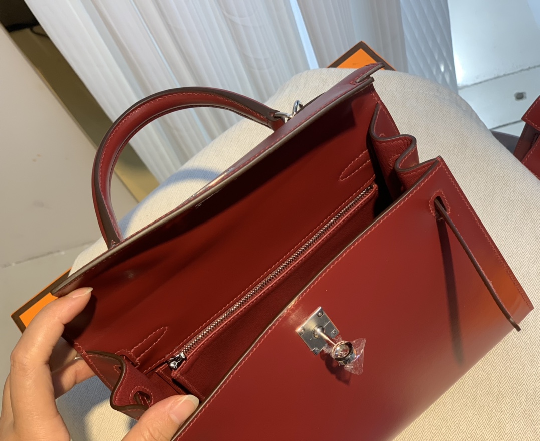 Kelly25 imported box leather Hermes red full handmade silver buckle