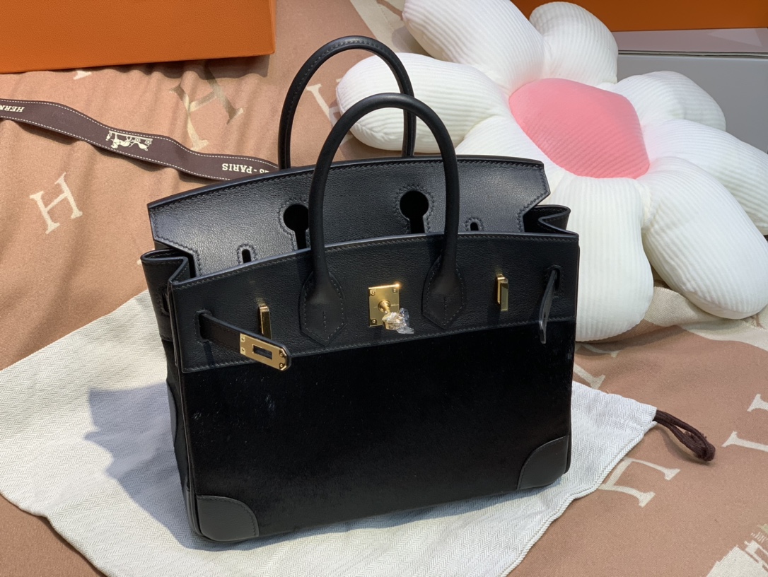 birkin25cm Imported fetal cow hair ➕ Black swift Full handmade gold buckle
